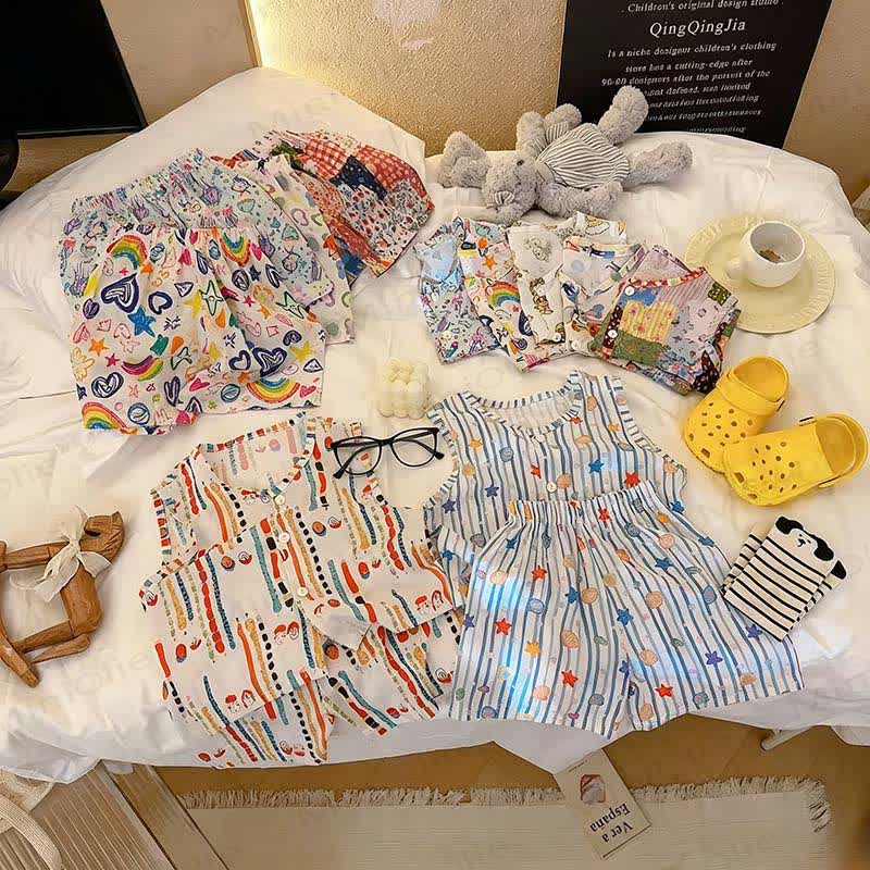 幼児用ビスコースパッチワークタンクトップ＆ショートパンツ2点セット - image 1