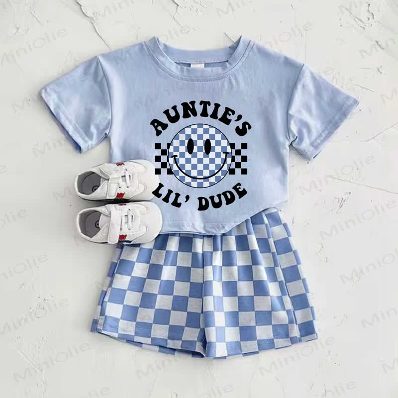 AUNTIE'S LIL'DUDEベビーボーイズ ブルー スマイリーフェイスプリント チェック柄Tシャツとチェック柄パンツ 2点セット - 青 - 2～3歳 - image 1