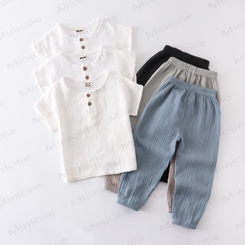 幼児用コットン無地ボタンフロントトップス＆パンツ2点セット - image 1