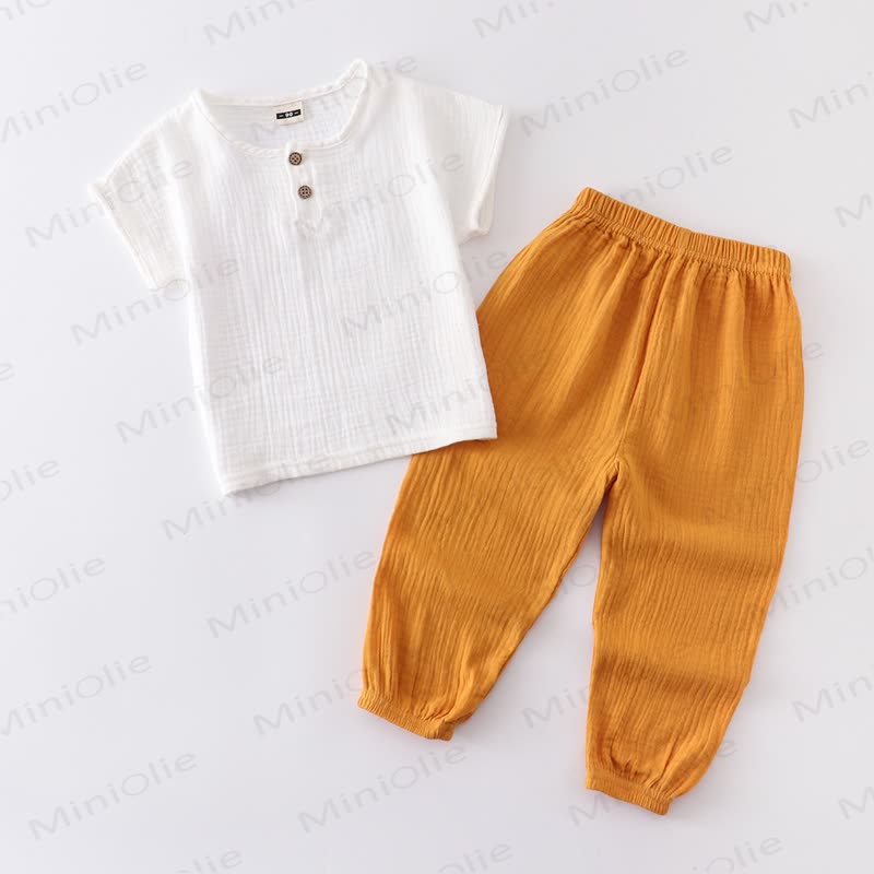 幼児用コットン無地ボタンフロントトップス＆パンツ2点セット - 白と黄色 - 6～7歳 - image 2