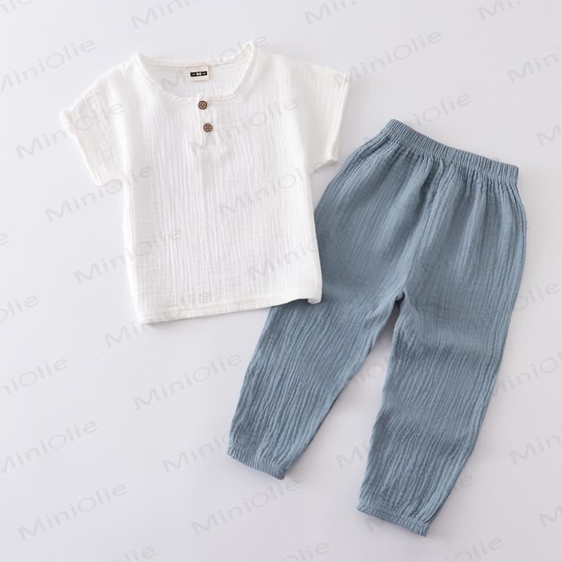 幼児用コットン無地ボタンフロントトップス＆パンツ2点セット - ホワイト＆ブルー - 6～7歳 - image 3