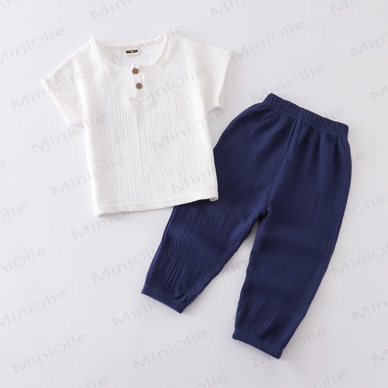 幼児用コットン無地ボタンフロントトップス＆パンツ2点セット - ホワイト＆ネイビー - 6～7歳 - image 4