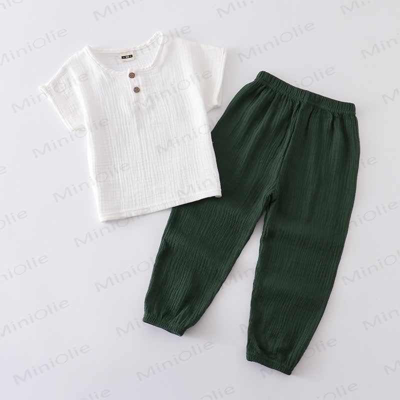 幼児用コットン無地ボタンフロントトップス＆パンツ2点セット - ホワイト＆グリーン - 6～7歳 - image 6