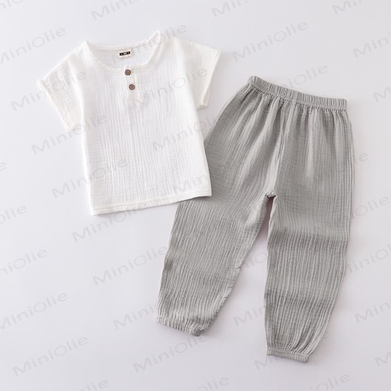 幼児用コットン無地ボタンフロントトップス＆パンツ2点セット - ホワイト＆グレー - 6～7歳 - image 7