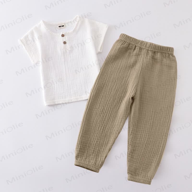 幼児用コットン無地ボタンフロントトップス＆パンツ2点セット - ホワイト＆ブラウン - 6～7歳 - image 8