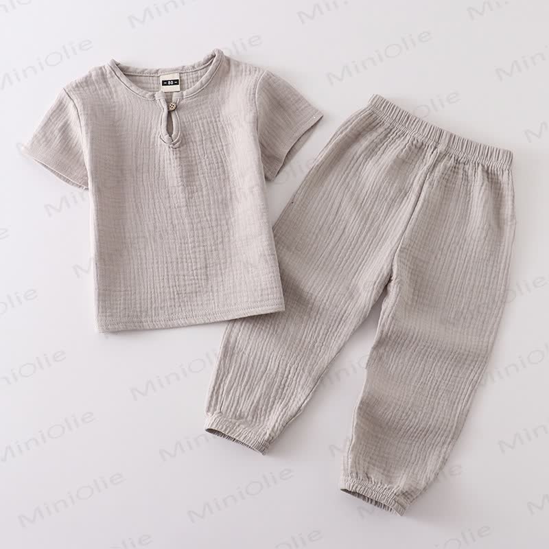 幼児用コットン無地ボタンフロントトップス＆パンツ2点セット - グレー - 6～7歳 - image 12