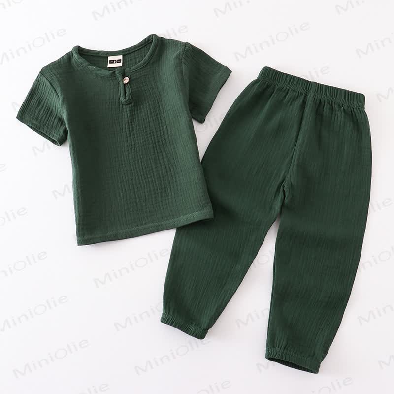 幼児用コットン無地ボタンフロントトップス＆パンツ2点セット - 緑 - 6～7歳 - image 13