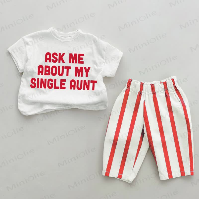 ASK ME ABOUT MY SINGLE AUNTベビー用スローガン入り赤ストライプ2点セット - 白と赤 - 4～5歳 - image 1