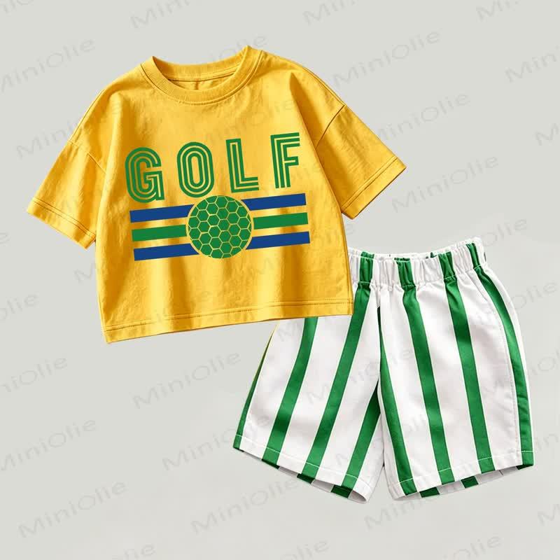 GOLF柄ベビー用イエロー＆グリーンのゴルフプリントトップスとストライプ柄ショートパンツのツーピースセット - 黄色と緑 - 2～3歳 - image 1