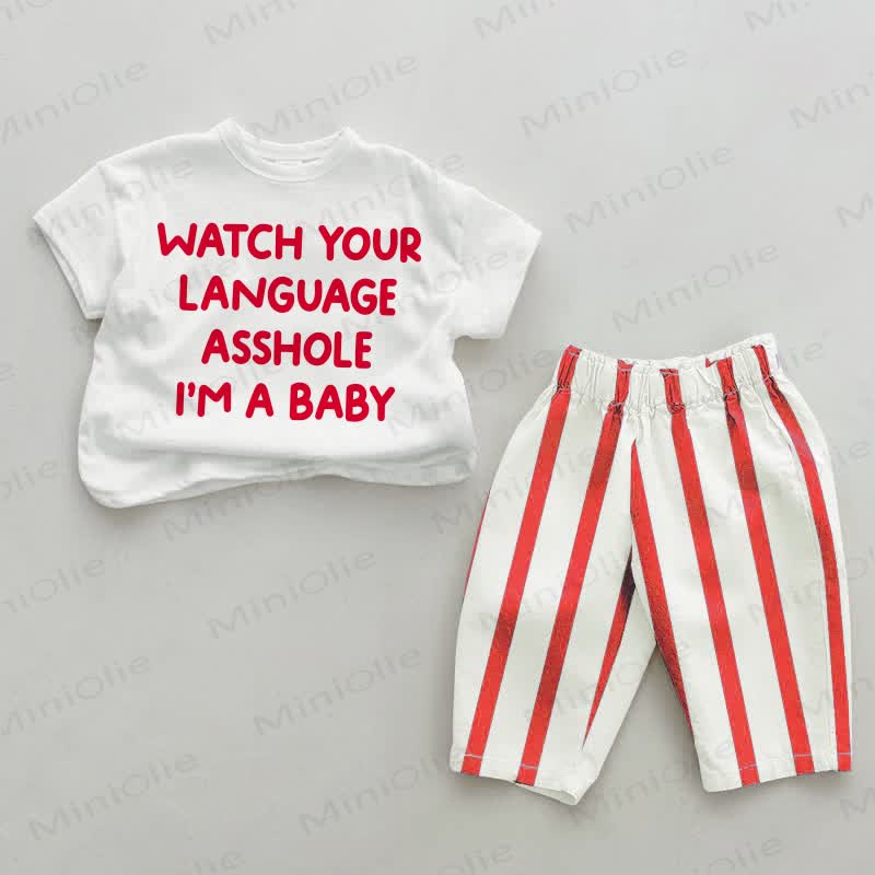 WATCH YOUR LANGUAGE ASSHOLE I'M A BABY！赤ちゃんのスローガン入り赤ストライプのツーピースセット - 白と赤 - 4～5歳 - image 1