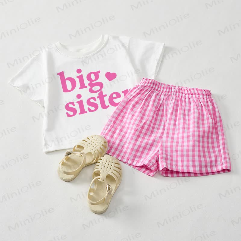 お姉ちゃんBIG SISTERガールズTシャツとピンクのチェック柄ショートパンツのツーピースセット - ホワイト＆ピンク - 3～5歳 - image 1