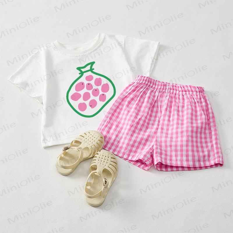 ベビーガールズ用グレープTシャツとピンクチェック柄ショートパンツの2点セット - ホワイト＆ピンク - 3～5歳 - image 1