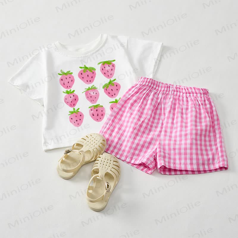 ベビーガールズ用ストロベリーTシャツとピンクチェック柄ショートパンツの2点セット - ホワイト＆ピンク - 3～5歳 - image 1
