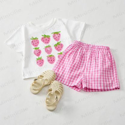ベビーガールズ用ストロベリーTシャツとピンクチェック柄ショートパンツの2点セット - ホワイト＆ピンク - 3～5歳 - image 1
