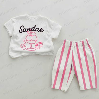 SUNDAEベビーガールズ ピンク縦ストライプ 2点セット - ホワイト＆ピンク - 2～3歳 - image 1