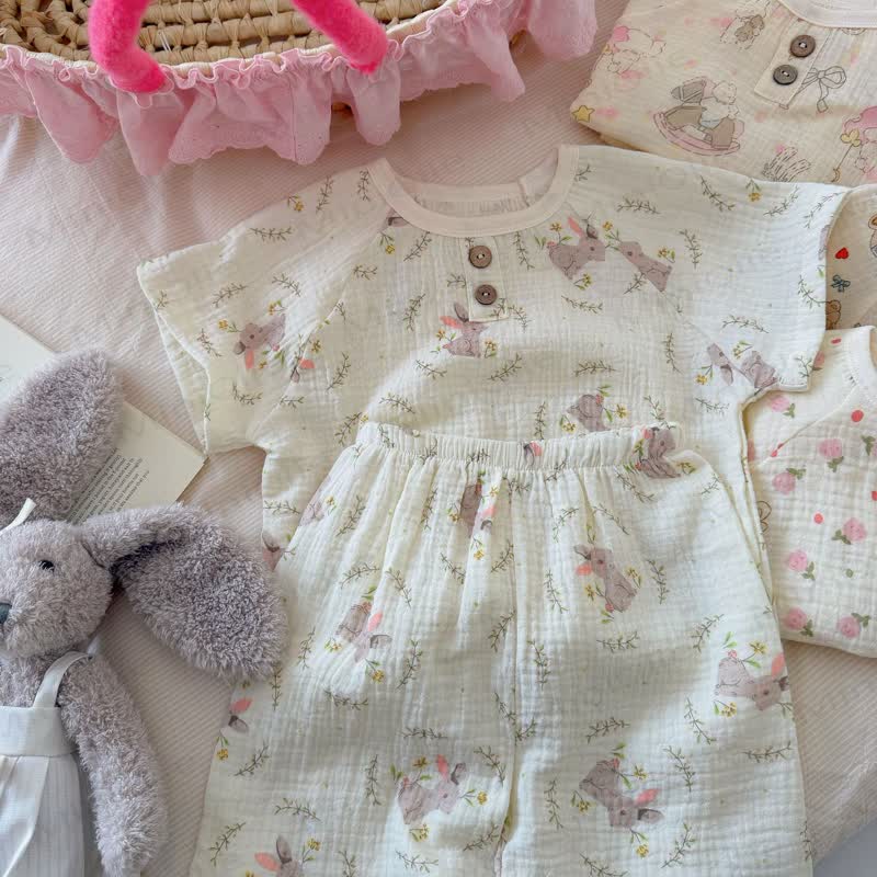 幼児用ソフトコットンアニマルプリントTシャツ＆ショートパンツ2点セット - うさぎ - 8-9T - image 6