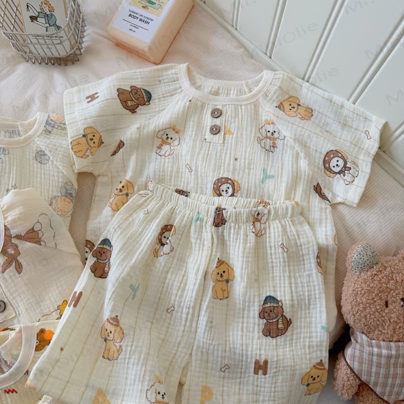 幼児用ソフトコットンアニマルプリントTシャツ＆ショートパンツ2点セット - ベージュの犬 - 8-9T - image 9