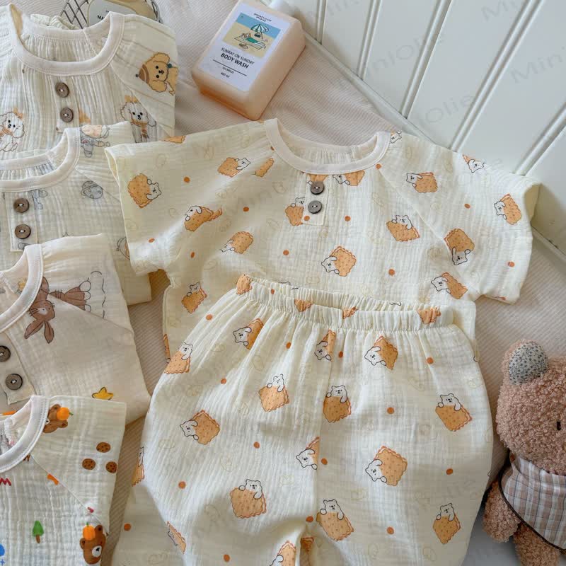 幼児用ソフトコットンアニマルプリントTシャツ＆ショートパンツ2点セット - ベージュビスケットベア - 8-9T - image 11