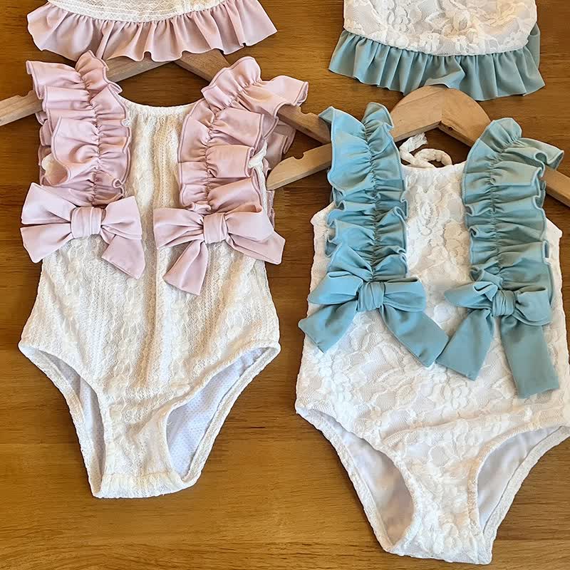 幼児用女の子レースフリルリボン付きノースリーブワンピース水着 - image 1