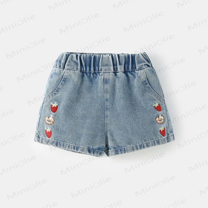 幼児用女の子向けライトブルーのイチゴ刺繍入りデニムショートパンツ - 青 - 8-9T - image 1
