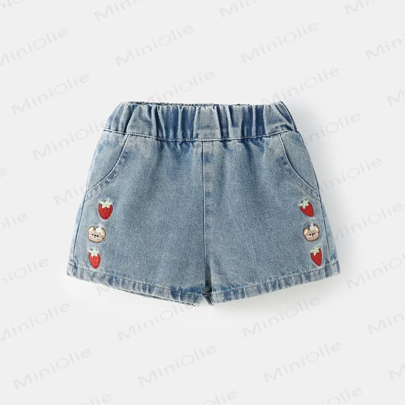 幼児用女の子向けライトブルーのイチゴ刺繍入りデニムショートパンツ - 青 - 8-9T - image 1