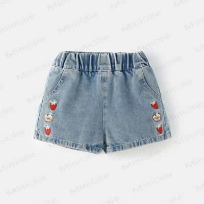 幼児用女の子向けライトブルーのイチゴ刺繍入りデニムショートパンツ - 青 - 8-9T - image 1