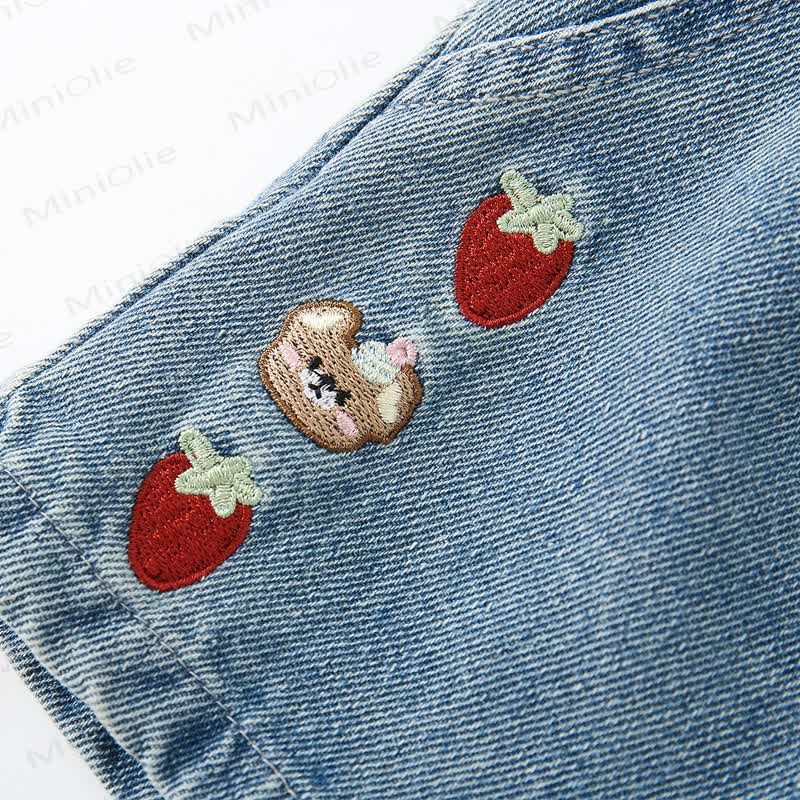 幼児用女の子向けライトブルーのイチゴ刺繍入りデニムショートパンツ - image 2
