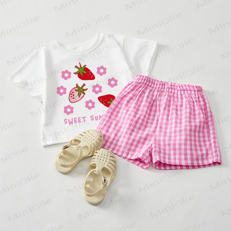 SWEET SUMMERベビーガールズ ストロベリーTシャツとピンクチェック柄ショートパンツ 2点セット - ホワイト＆ピンク - 3～5歳 - image 1