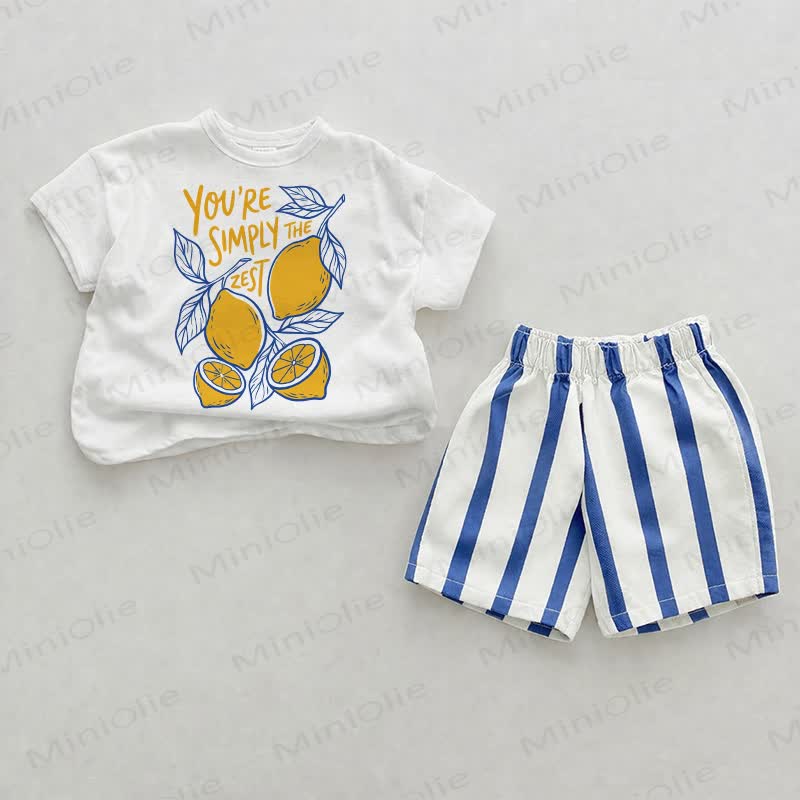 YOU'RE SIMPLY THE ZEST！ベビーレモンTシャツとストライプショートパンツの2点セット - ホワイト＆ブルー - 2～3歳 - image 1