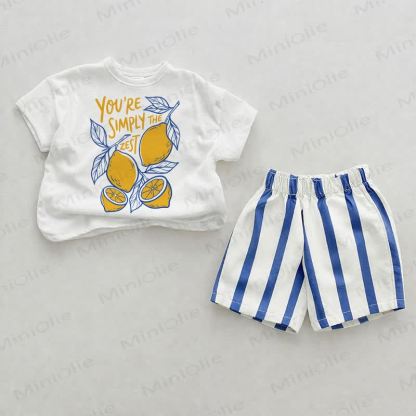 YOU'RE SIMPLY THE ZEST！ベビーレモンTシャツとストライプショートパンツの2点セット - ホワイト＆ブルー - 2～3歳 - image 1