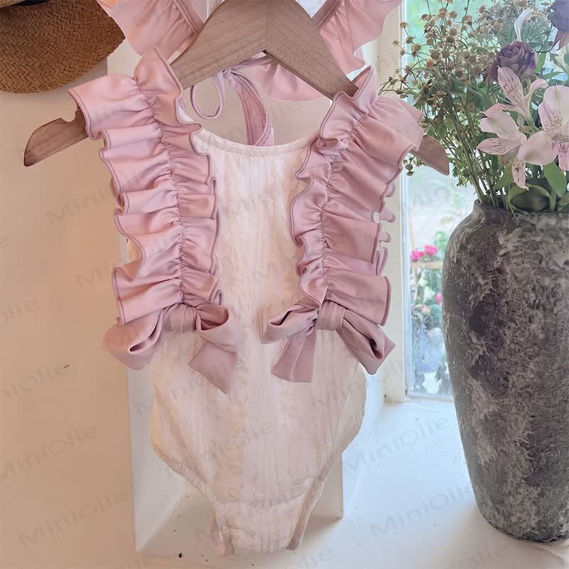 幼児用女の子レースフリルリボン付きノースリーブワンピース水着 - ピンク - 8-9T - image 2