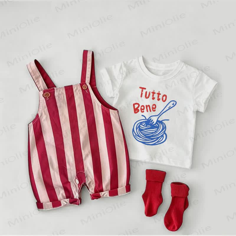TUTTO BENEベビー用 レッドストライプパスタ柄オーバーオールとホワイトTシャツのツーピースセット - 白と赤 - 2～3歳 - image 1
