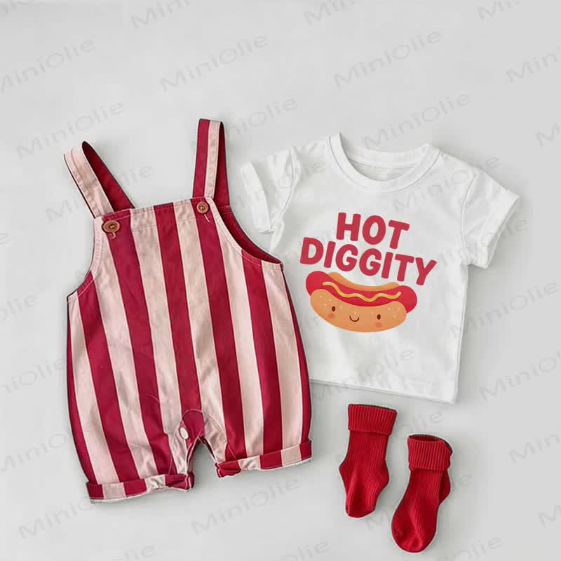 HOT DIGGITYベビー用 レッドストライプ ホットドッグ柄オーバーオールとホワイトTシャツ 2点セット - 白と赤 - 2～3歳 - image 1