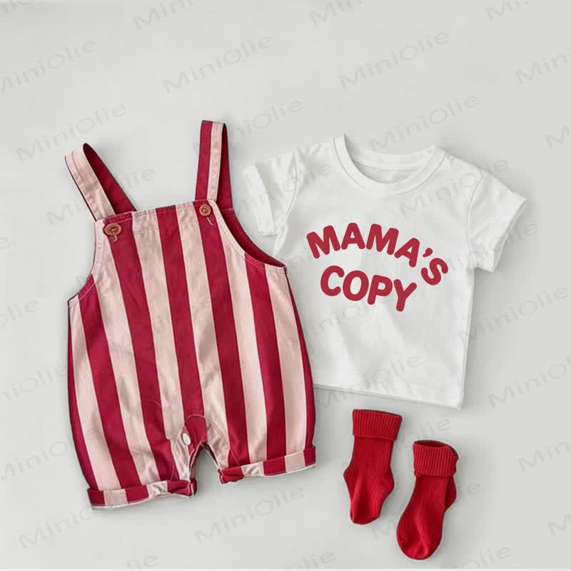 MAMA'S COPYベビー用レッドストライプオーバーオールとホワイトTシャツのツーピースセット - 白と赤 - 2～3歳 - image 1
