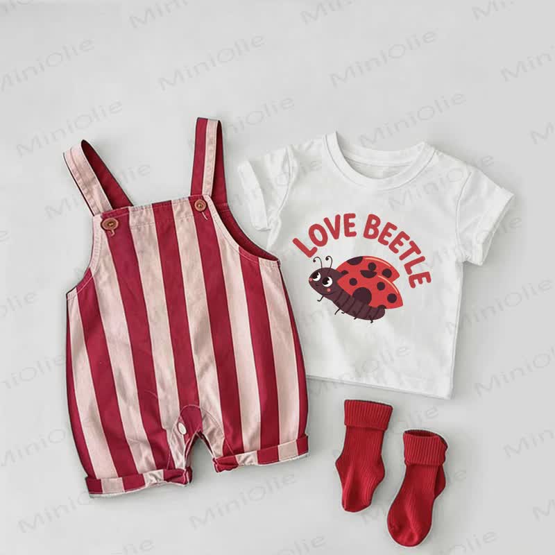 LOVE BEETLEベビーてんとう虫柄 レッドストライプオーバーオール＆ホワイトTシャツ 2点セット - 白と赤 - 2～3歳 - image 1