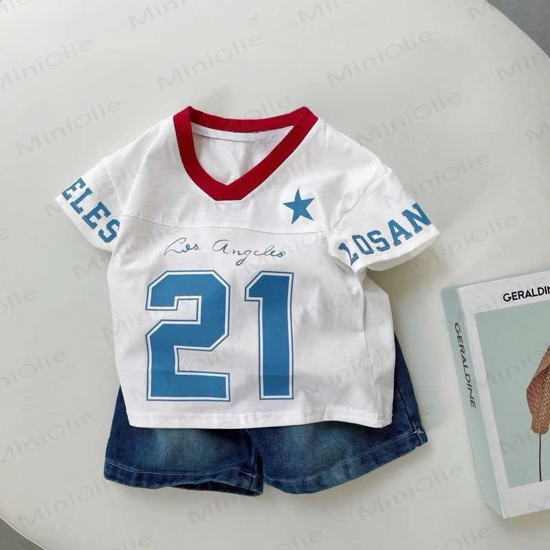 幼児男の子用Tシャツとデニムショーツのツーピースジャージセット - 白 - 6～7歳 - image 1