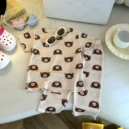 幼児用ソフトストライプTシャツ＆パンツ2点セット - ベージュベア - 8-9T - image 3