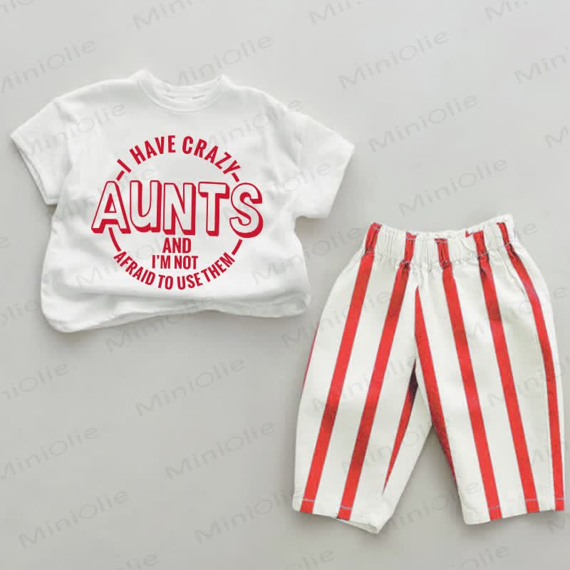 I HAVE CRAZY AUNTS AND I'M NOT AFRAID TO USE THEM。ベビー用赤ストライプ2点セット - 白と赤 - 4～5歳 - image 1