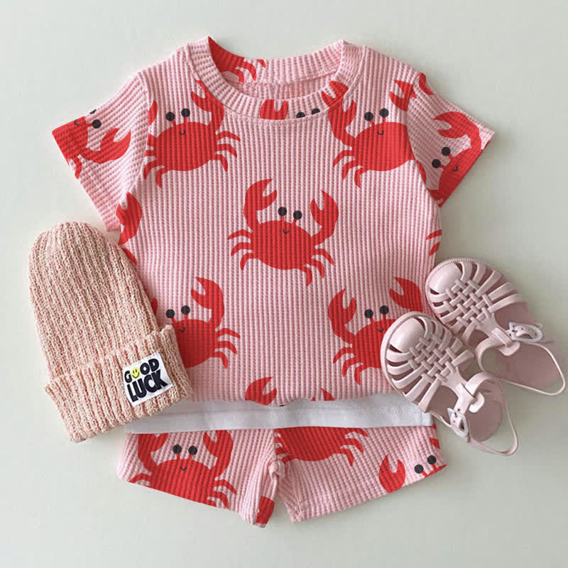 ベビーピンクの蟹柄ワッフルTシャツとショートパンツの2点セット - ピンク - 2～3歳 - image 1