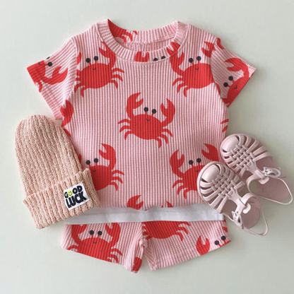 ベビーピンクの蟹柄ワッフルTシャツとショートパンツの2点セット - ピンク - 2～3歳 - image 1
