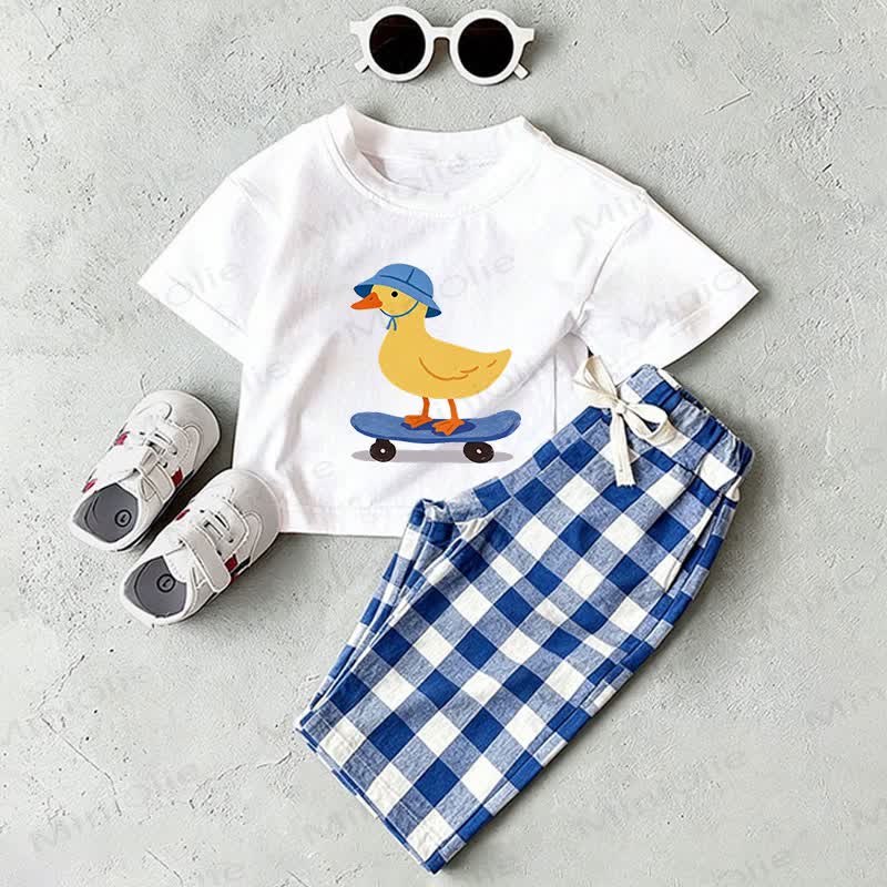 ベビーホワイトダックプリントTシャツとブルーチェックパンツのツーピースセット - ホワイト＆ブルー - 2～3歳 - image 1