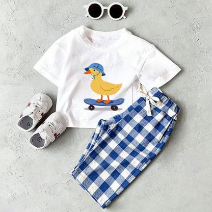 ベビーホワイトダックプリントTシャツとブルーチェックパンツのツーピースセット - ホワイト＆ブルー - 2～3歳 - image 1