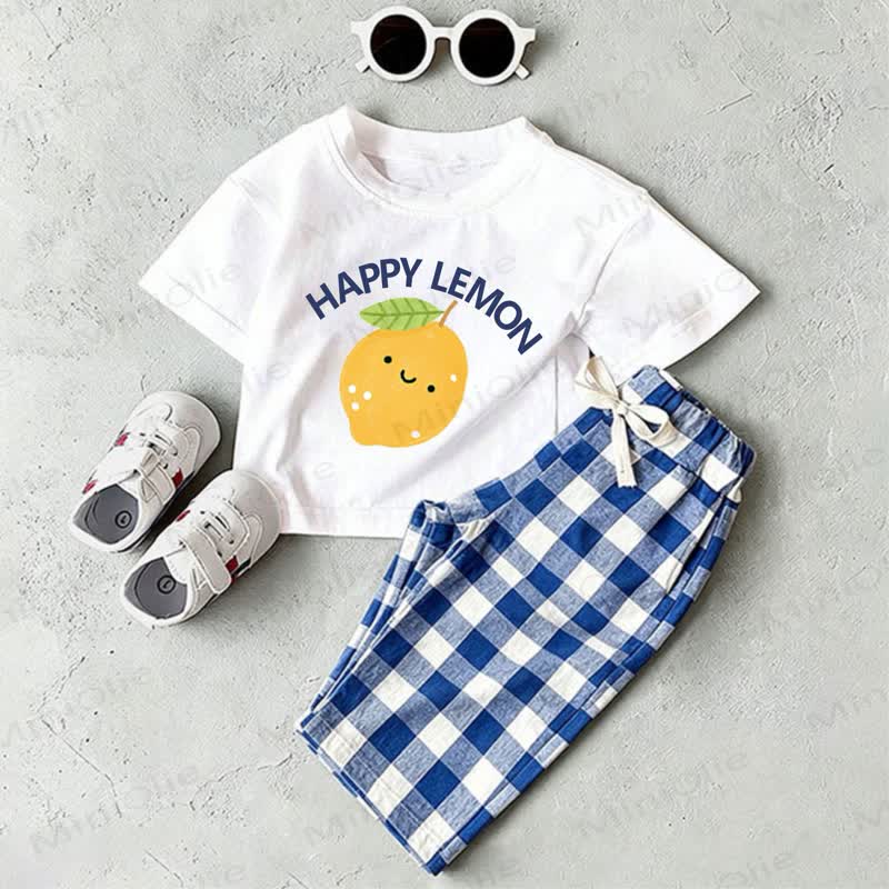 HAPPYレモン ベビー ホワイトレモンプリントTシャツとブルーチェックパンツのツーピースセット - ホワイト＆ブルー - 2～3歳 - image 1
