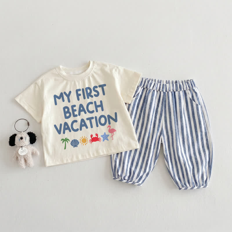 MY FIRST BEACH VACATION・幼児用 ベージュ＆ブルー 縦ストライプ 2点セット - ベージュ＆ブルー - 3～4歳 - image 1