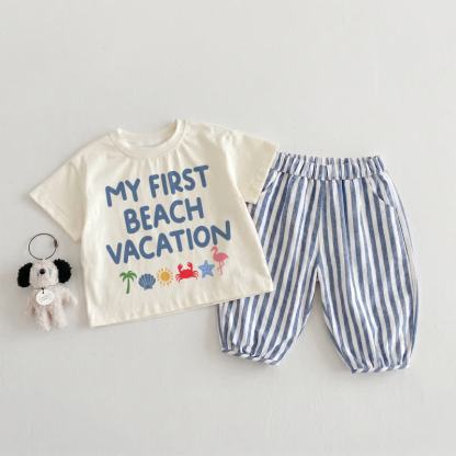 MY FIRST BEACH VACATION・幼児用 ベージュ＆ブルー 縦ストライプ 2点セット - ベージュ＆ブルー - 3～4歳 - image 1