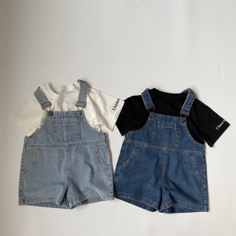 幼児用デニム無地ポケット付きオーバーオール - image 1