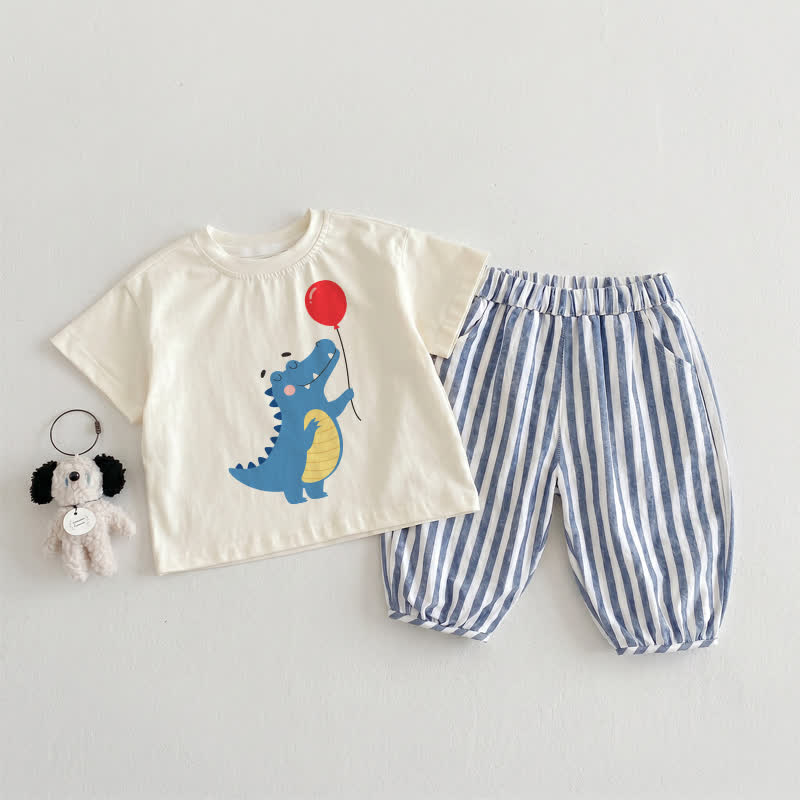 ベビー・幼児用恐竜柄ベージュ＆ブルー縦縞2点セット - ベージュ＆ブルー - 3～4歳 - image 1
