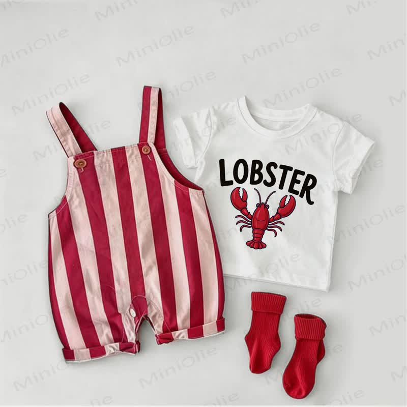 LOBSTERベビーロブスター レッドストライプオーバーオールとホワイトTシャツの2点セット - 白と赤 - 2～3歳 - image 1