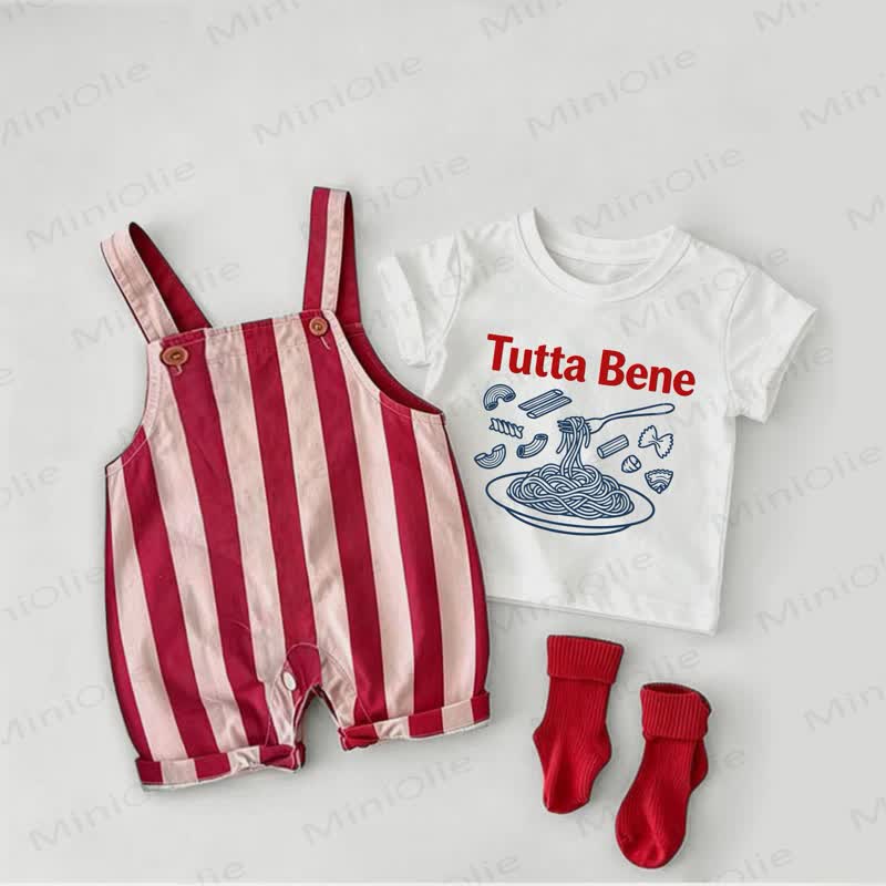 TUTTA BENEベビーパスタ柄 レッドストライプオーバーオール＆ホワイトTシャツ 2点セット - 白と赤 - 2～3歳 - image 1