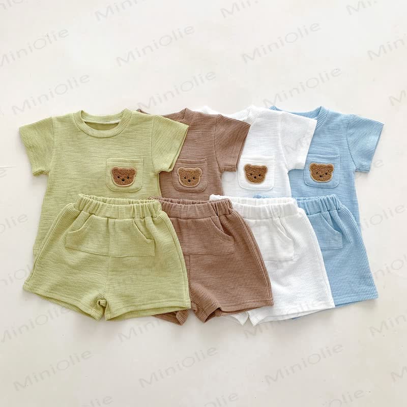 幼児用クマ柄ポケット付きワッフルニットTシャツ＆ショートパンツ 2点セット - image 1